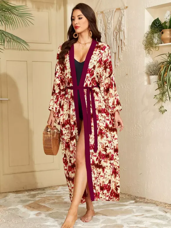 Vacation Dresses Oversized Long Sleeves Printed Casual Rose Dress