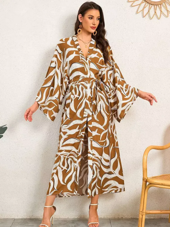 Vacation Dresses Oversized Long Sleeves Printed Casual Rose Dress