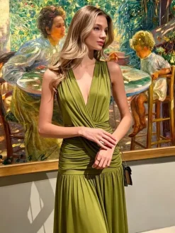 Vacation Dresses Pleated Sleeveless Deep V Wrap Ruched Pleated Flowy Maxi Dress
