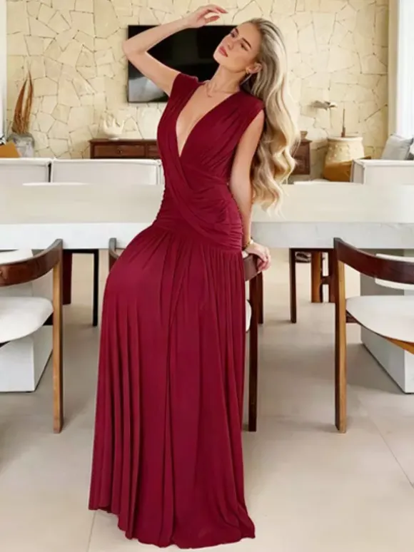 Vacation Dresses Pleated Sleeveless Deep V Wrap Ruched Pleated Flowy Maxi Dress