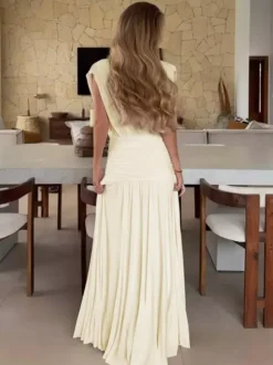 Vacation Dresses Pleated Sleeveless Deep V Wrap Ruched Pleated Flowy Maxi Dress