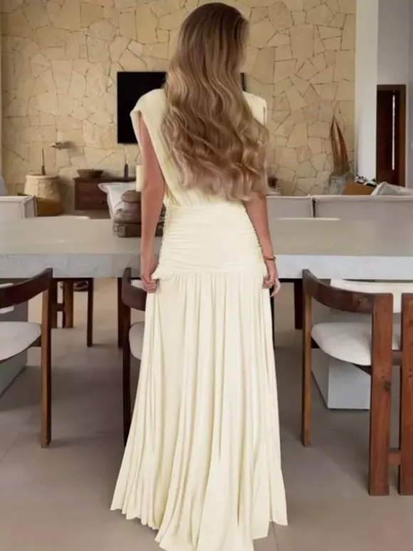 Vacation Dresses Pleated Sleeveless Deep V Wrap Ruched Pleated Flowy Maxi Dress