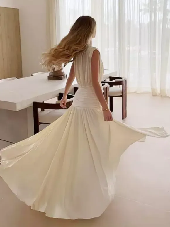 Vacation Dresses Pleated Sleeveless Deep V Wrap Ruched Pleated Flowy Maxi Dress