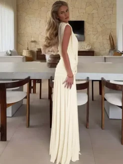 Vacation Dresses Pleated Sleeveless Deep V Wrap Ruched Pleated Flowy Maxi Dress