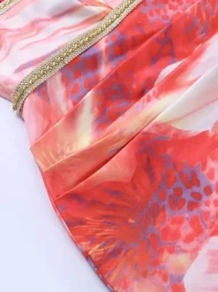 Vacation Dresses Red Floral Print Halter Maxi Dress Deep V Cutout Waist Gold Trim Back Tie Mermaid Party Gown