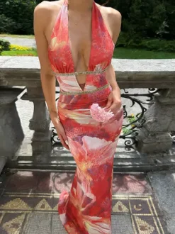 Vacation Dresses Red Floral Print Halter Maxi Dress Deep V Cutout Waist Gold Trim Back Tie Mermaid Party Gown