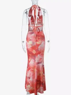 Vacation Dresses Red Floral Print Halter Maxi Dress Deep V Cutout Waist Gold Trim Back Tie Mermaid Party Gown