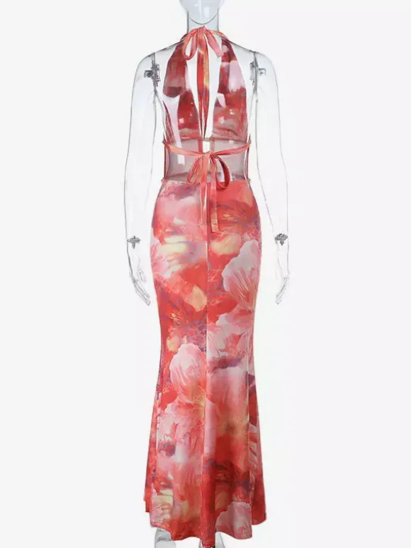 Vacation Dresses Red Floral Print Halter Maxi Dress Deep V Cutout Waist Gold Trim Back Tie Mermaid Party Gown