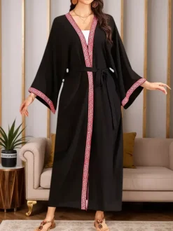 Vacation Dresses Ruffled Sash Long Sleeves Printed Casual Gold Dress