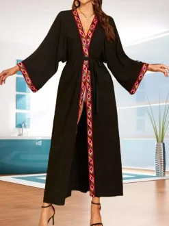 Vacation Dresses Ruffled Sash Long Sleeves Printed Casual Gold Dress