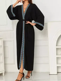 Vacation Dresses Ruffled Sash Long Sleeves Printed Casual Gold Dress