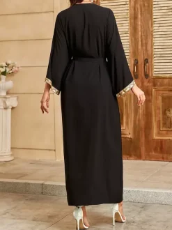 Vacation Dresses Ruffled Sash Long Sleeves Printed Casual Gold Dress