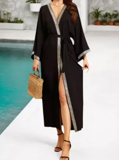 Vacation Dresses Ruffled Sash Long Sleeves Printed Casual Gold Dress