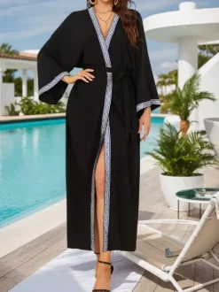Vacation Dresses Ruffled Sash Long Sleeves Printed Casual Gold Dress