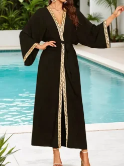 Vacation Dresses Ruffled Sash Long Sleeves Printed Casual Gold Dress