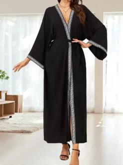 Vacation Dresses Ruffled Sash Long Sleeves Printed Casual Gold Dress