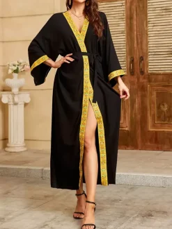 Vacation Dresses Ruffled Sash Long Sleeves Printed Casual Gold Dress