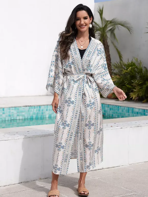 Vacation Dresses Ruffled Sash Long Sleeves Printed Casual Light Sky Blue Dress