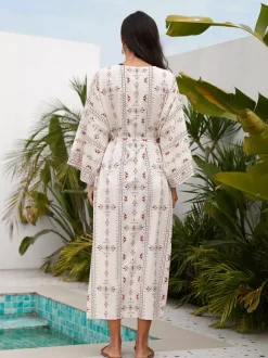 Vacation Dresses Ruffled Sash Long Sleeves Printed Casual Light Sky Blue Dress