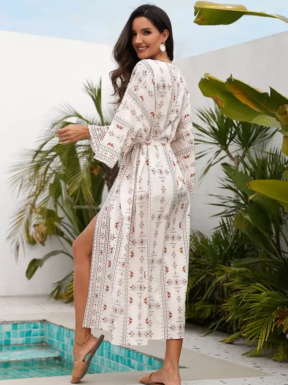 Vacation Dresses Ruffled Sash Long Sleeves Printed Casual Light Sky Blue Dress