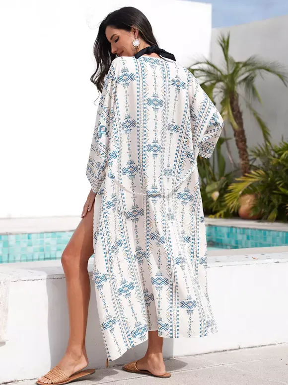 Vacation Dresses Ruffled Sash Long Sleeves Printed Casual Light Sky Blue Dress