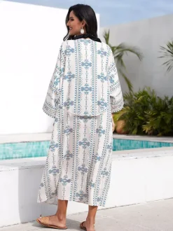 Vacation Dresses Ruffled Sash Long Sleeves Printed Casual Light Sky Blue Dress