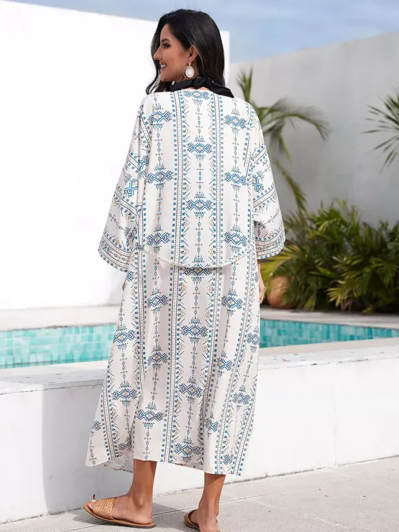 Vacation Dresses Ruffled Sash Long Sleeves Printed Casual Light Sky Blue Dress