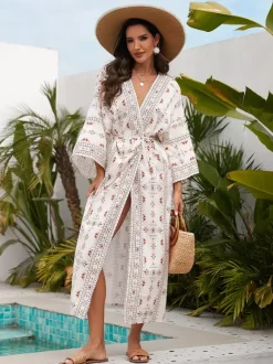 Vacation Dresses Ruffled Sash Long Sleeves Printed Casual Light Sky Blue Dress