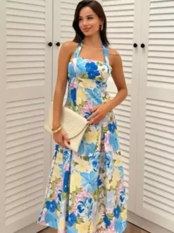 Vacation Dresses Shaping Backless Lace Sleeveless Printed Straps Neck Elegant Pink Dress