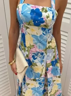 Vacation Dresses Shaping Backless Lace Sleeveless Printed Straps Neck Elegant Pink Dress
