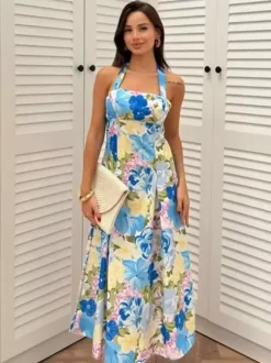 Vacation Dresses Shaping Backless Lace Sleeveless Printed Straps Neck Elegant Pink Dress
