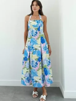 Vacation Dresses Shaping Backless Lace Sleeveless Printed Straps Neck Elegant Pink Dress