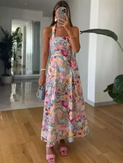 Vacation Dresses Shaping Backless Lace Sleeveless Printed Straps Neck Elegant Pink Dress