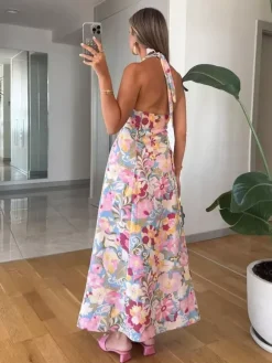 Vacation Dresses Shaping Backless Lace Sleeveless Printed Straps Neck Elegant Pink Dress