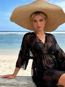 Vacation Dresses Sheer Shaping 3/4 Length Sleeves V-Neck Chic Black Dress