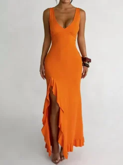 Vacation Dresses V Neck Spaghetti Strap Maxi Dress High Slit Ruffle Hem Mermaid Bodycon Party Gown
