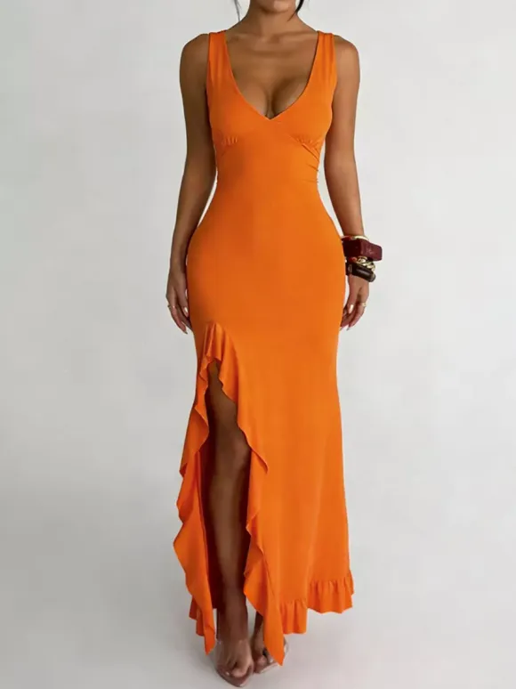 Vacation Dresses V Neck Spaghetti Strap Maxi Dress High Slit Ruffle Hem Mermaid Bodycon Party Gown