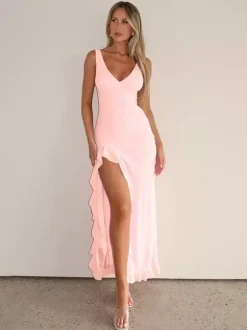 Vacation Dresses V Neck Spaghetti Strap Maxi Dress High Slit Ruffle Hem Mermaid Bodycon Party Gown
