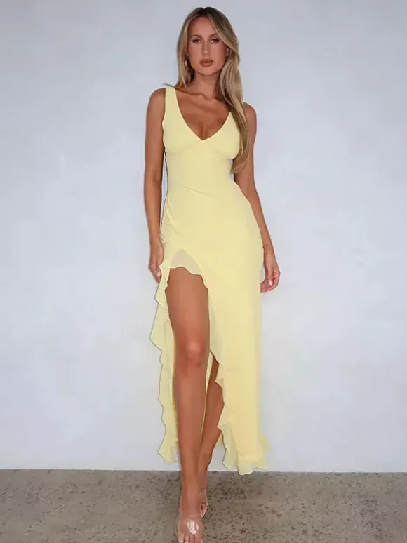 Vacation Dresses V Neck Spaghetti Strap Maxi Dress High Slit Ruffle Hem Mermaid Bodycon Party Gown