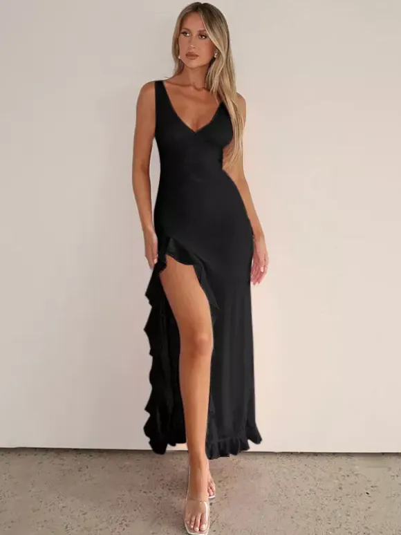 Vacation Dresses V Neck Spaghetti Strap Maxi Dress High Slit Ruffle Hem Mermaid Bodycon Party Gown