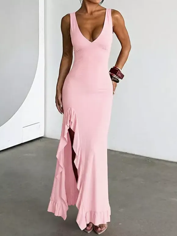 Vacation Dresses V Neck Spaghetti Strap Maxi Dress High Slit Ruffle Hem Mermaid Bodycon Party Gown