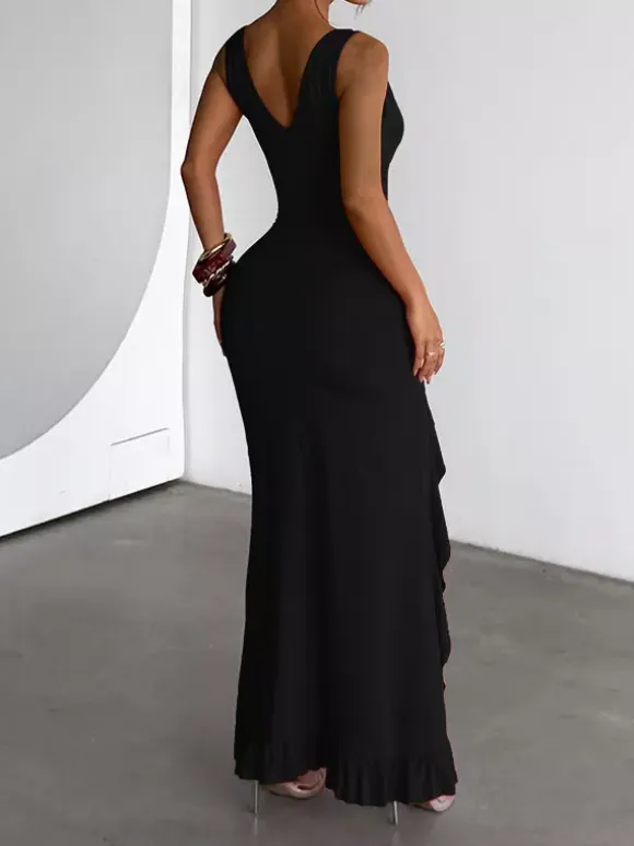 Vacation Dresses V Neck Spaghetti Strap Maxi Dress High Slit Ruffle Hem Mermaid Bodycon Party Gown