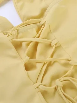 Vacation Dresses Yellow Halter Deep Plunge Mermaid Maxi Dress Back Lace Up Ruched Waist Evening Gown