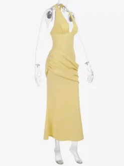 Vacation Dresses Yellow Halter Deep Plunge Mermaid Maxi Dress Back Lace Up Ruched Waist Evening Gown