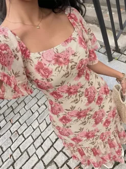 Vacation Beach Sundress Pink Rose Floral Square Neck Midi Flutter Sleeve Tie Waist Ruffle Hem Casual Summer Dress