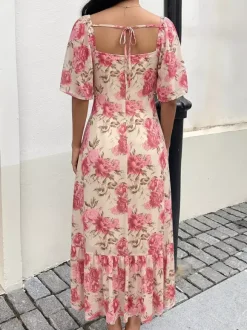 Vacation Beach Sundress Pink Rose Floral Square Neck Midi Flutter Sleeve Tie Waist Ruffle Hem Casual Summer Dress