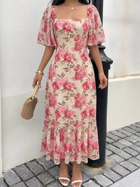 Vacation Beach Sundress Pink Rose Floral Square Neck Midi Flutter Sleeve Tie Waist Ruffle Hem Casual Summer Dress