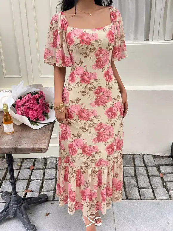 Vacation Beach Sundress Pink Rose Floral Square Neck Midi Flutter Sleeve Tie Waist Ruffle Hem Casual Summer Dress