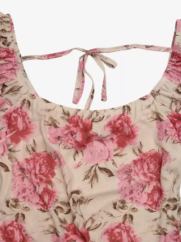Vacation Beach Sundress Pink Rose Floral Square Neck Midi Flutter Sleeve Tie Waist Ruffle Hem Casual Summer Dress