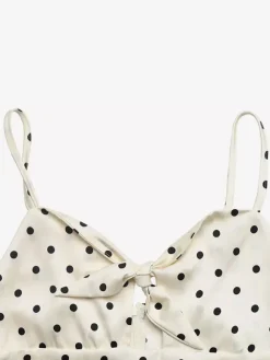 Vacation Casual Sundress Cream Polka Dot Cami Maxi Front Knot Flowy Summer Dress